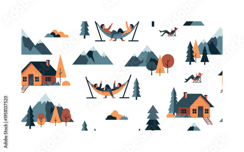 mountain retreat and relaxation seamless pattern, repeating pattern, surface design, textile print, modern illustration of cabins, hammocks, trees, and people