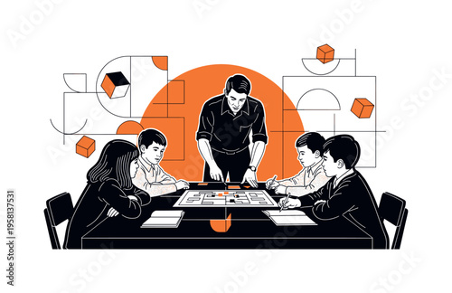 black and white retro classroom scene with a teacher guiding students playing an educational board game, figures cut out with white contour outline, large