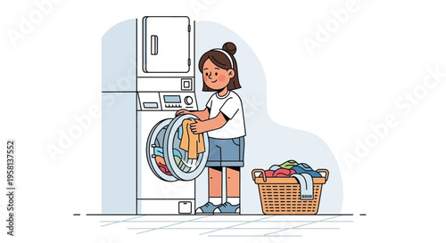 Woman Loading Washing Machine with Laundry.