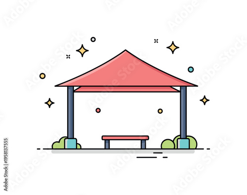 Shade park pavilion roof providing cool shelter over a small resting spot representing thoughtful landscape design and comfort in outdoor spaces. Decorative