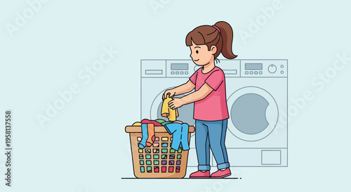 Woman Loading Laundry Basket into Washing Machine.