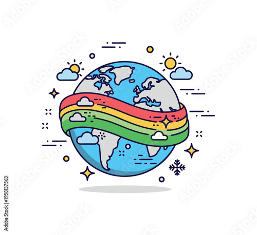 Climate zones across hemispheres illustrated by layered curved bands wrapping around a globe segment, accented with tiny sun, cloud, and snow icons to indicate