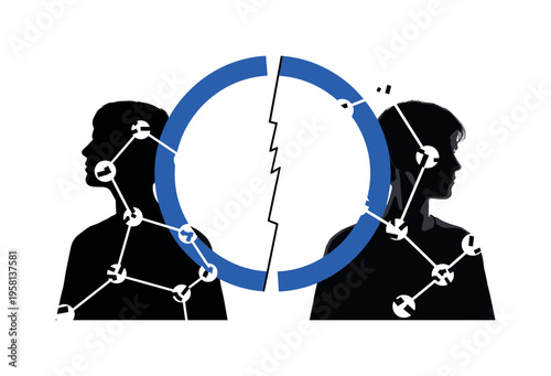 Black and white image of two figures turned away from each other, layered with a bold blue circular frame split by a thin black line indicating emotional