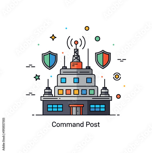 Protected command center fortified building with communication antennas and shield icons representing the central command of a defended military base. A subtle