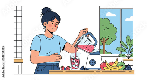 Woman Pouring Juice into a Blender.