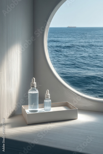 Two clear glass dropper bottles in white tray sit on windowsill with round window overlooking calm blue ocean and distant ship