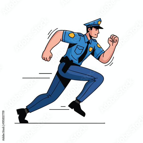 Cartoon police officer running, full body, dynamic pose, motion lines
