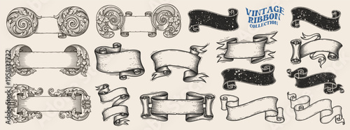 Hand drawn ribbons vintage set. Doodle style black color sketch. Isolated elements.