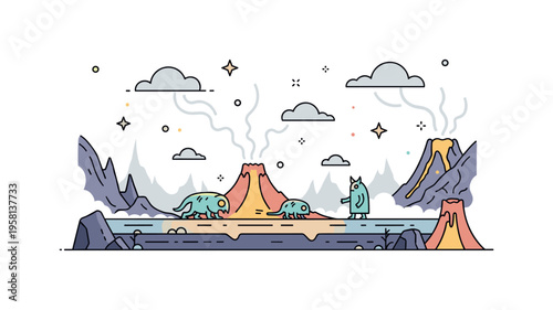 Mythical underworld scenery showing eerie creatures moving slowly across a glowing volcanic valley. Strange jagged formations and smoky clouds enhance the