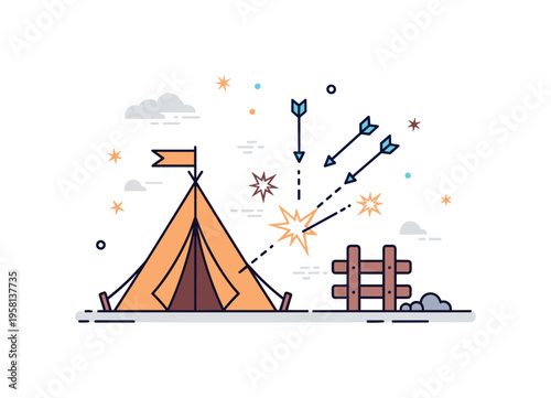 Enemy camp defense scene a tent and small barricade while incoming arrows and impact spark symbols show the camp under pressure from attackers. Minimalist flat