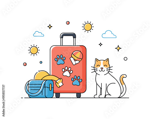Vacation with pets suitcase decorated with paw prints while a happy cat sits nearby and small sun icons suggest relaxing pet friendly holidays. The scene