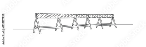 Safety Fence Barricade. Minimalistic one-line drawing temporary safety fence used for blocking areas, continuous single black line on white background, simple