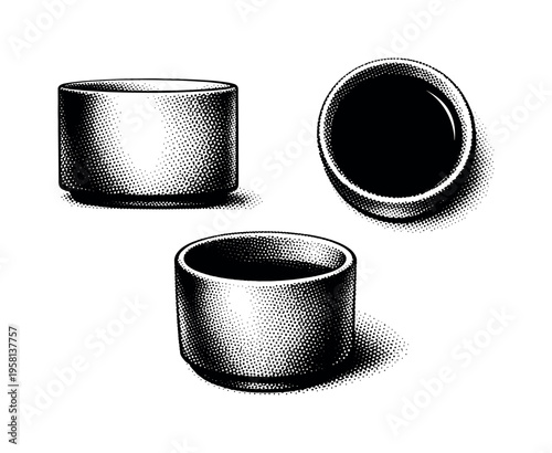 Tea cup handleless teacup illustrated from straight side view, top-down view, and diagonal perspective as the same minimal cylindrical cup with smooth surface.