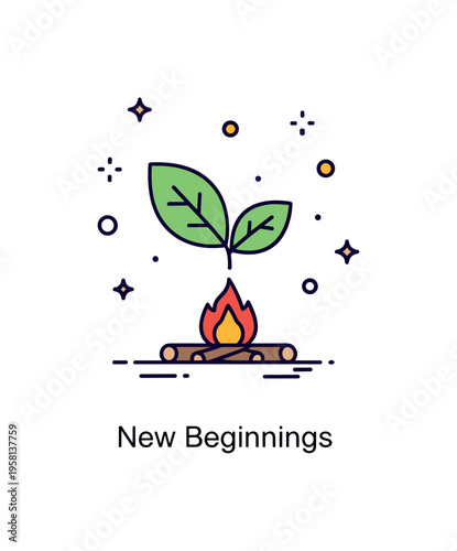 Cinder renewal metaphor centered on a small ember beneath a sprouting leaf icon. A compact ?New Beginnings? caption communicates rebirth, resilience and