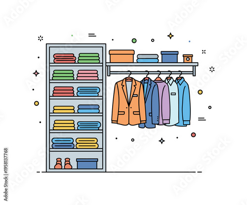 Wardrobe shelving and hanging storage closet interior showing vertical shelves with folded clothes beside a hanging bar with jackets and shirts. The