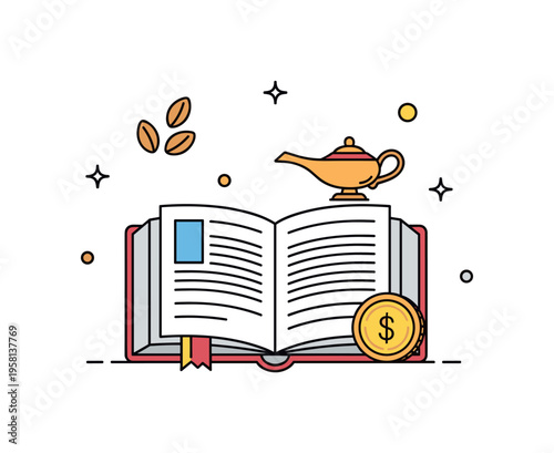 Biblical storytelling tradition featuring an open scripture book with small symbolic icons of seeds, a lamp, and a coin representing classic parables. The