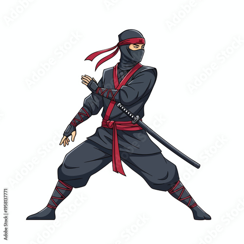 Fierce warrior in black ninja attire with red accents, sword at side, in ready stance