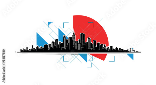 Black and white city skyline silhouette with a large red semicircle intersecting the buildings, abstract blue geometric frames mimicking viewfinder marks, thin