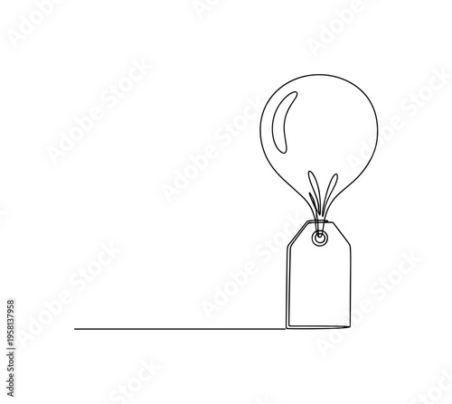 Inflating Price Tag. Minimalistic one-line drawing price tag expanding like a balloon representing rising costs and inflation, continuous single black line on