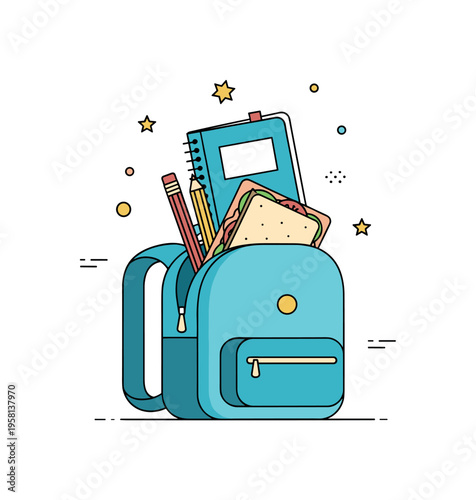 Student packing routine illustrated by a small open backpack with pencils, a notebook, and a packed sandwich sliding inside. Lighthearted school themed scene