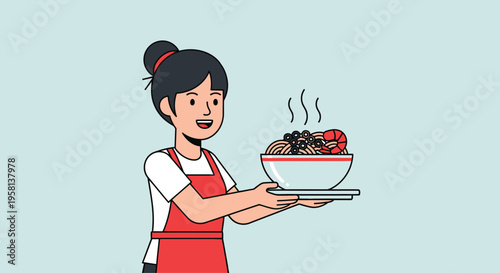 Woman Serving Hot Bowl of Food.