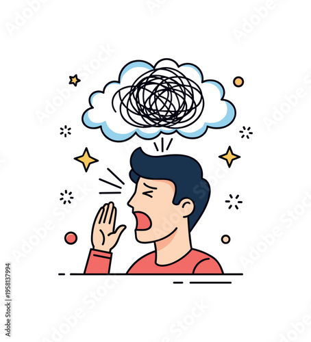Inner turmoil person shouting while tangled lines swirl above the head forming a messy thought cloud. The scene reflects confusion, emotional overload, and