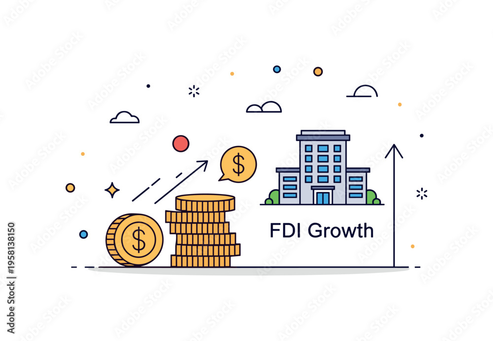 Obraz premium Cross border business investment concept centered on a stack of coins moving toward a small office building icon. A compact ?FDI Growth? text detail and gentle
