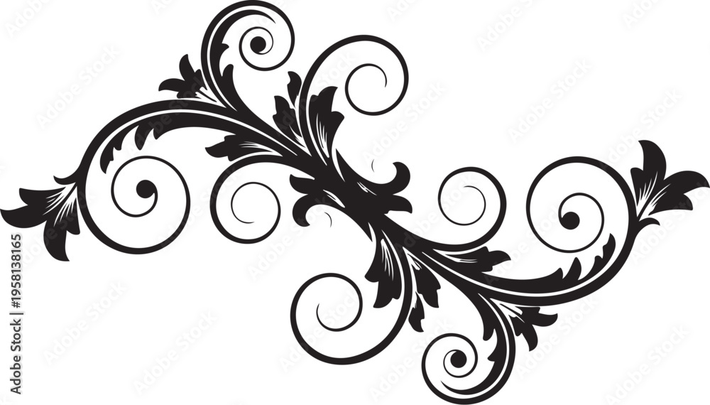 Fototapeta premium Black floral swirl vector border design element