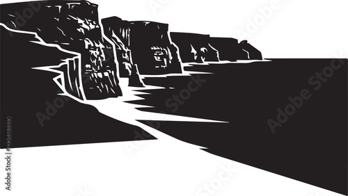 Black and white vector illustration of rocky coastline