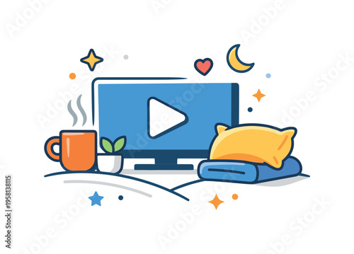 Video streaming interface promoting relaxed home entertainment and downtime. A calm editorial-style badge where a simple screen, play icon, and soft decorative