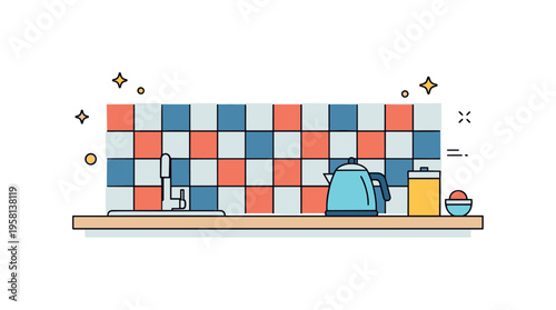 Backsplash tile kitchen interior detail with a tiled wall pattern placed behind a countertop and small kettle. The clean composition expresses everyday kitchen