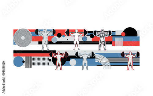 rows of participants lifting weights abstract circles lines and geometric shapes representing group fitness training black and white retro human silhouettes