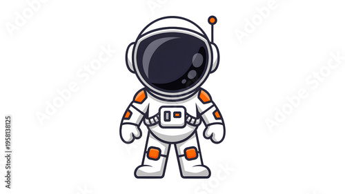 A friendly cartoon astronaut character stands in a dark space suit with a reflective visor white trim and vibrant orange details for a simple graphic illustrati