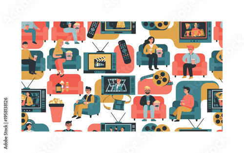 movie marathon seamless pattern, viewers holding popcorn, drinks, sitting on couches, TV screens, remote controls and film reels arranged in a repeating