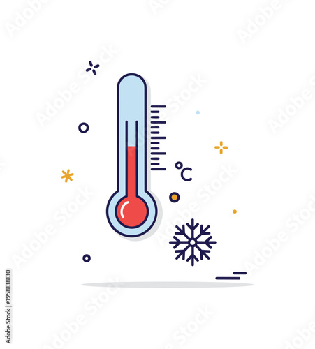 Low temperature indicator illustrated by a simple thermometer with the level near the bottom and a small snowflake nearby. Clean visual concept representing