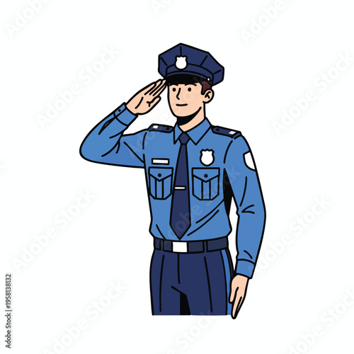 A man in a blue uniform and cap salutes, with badges on his chest
