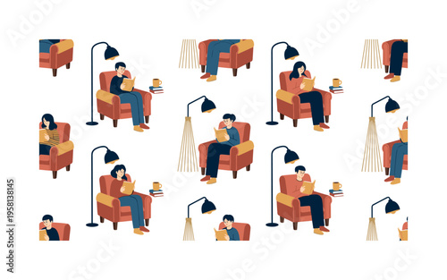 Home reading time seamless pattern, people sitting in armchairs reading books with stacks of books floor lamps and mugs arranged in a repeating pattern, white