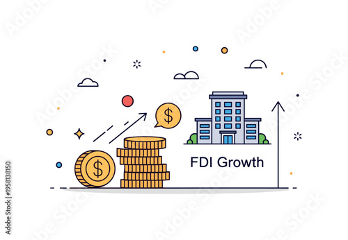 Cross border business investment concept centered on a stack of coins moving toward a small office building icon. A compact ?FDI Growth? text detail and gentle