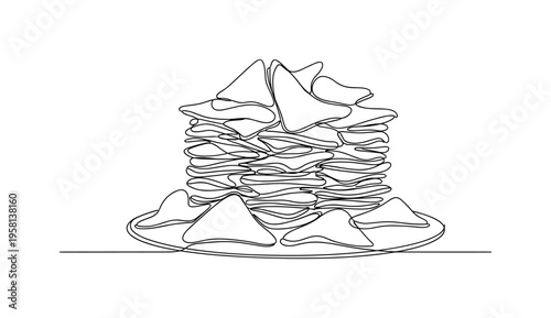 Stacked Nacho Chips. Minimalistic one-line drawing stacked triangular nacho chips forming a snack platter arrangement, continuous single black line on white