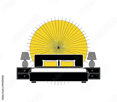 Monochrome frontal composition of a bed centered between two perfectly matching nightstands and decorative lamps, intersected by a large yellow circular frame