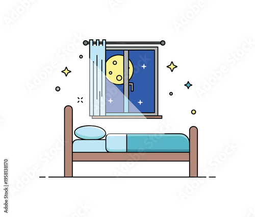 Moonlit sleeping space bedroom scene with a simple bed beside a window while the moonlight softly spreads across the mattress creating a tranquil nighttime