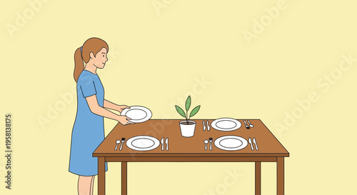 Woman Setting Table with Dinnerware and Plant.