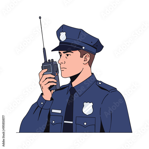 A person in uniform holding a portable radio to their ear, looking serious