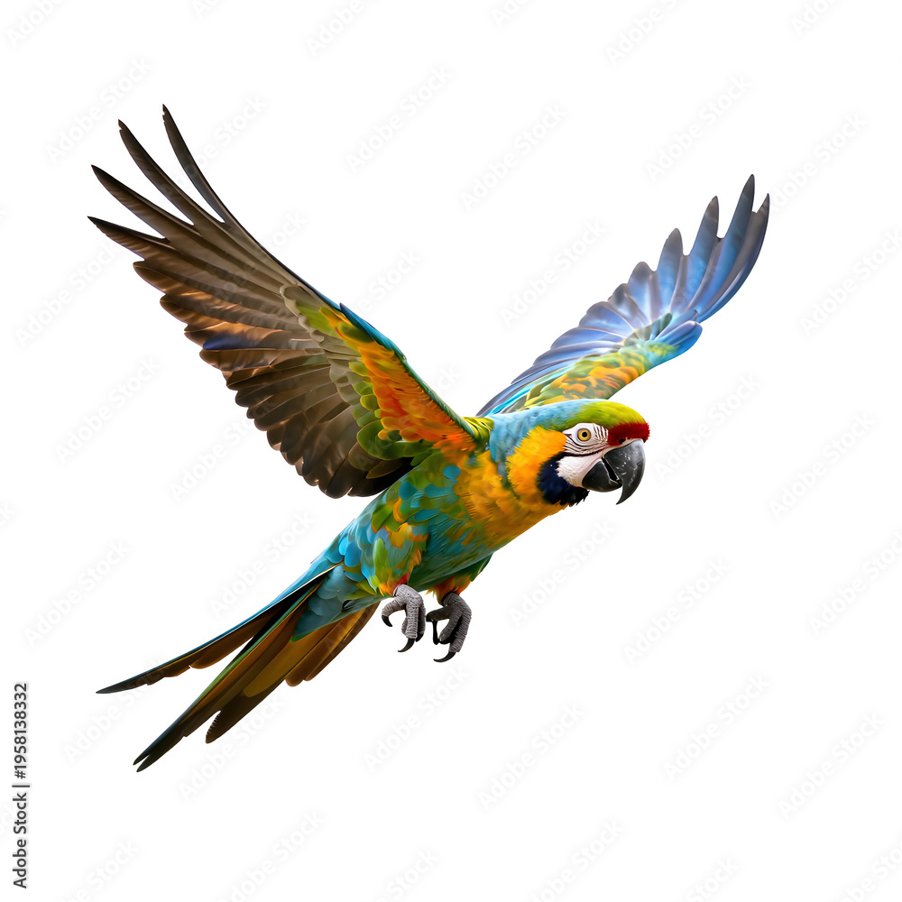 Fototapeta premium Vivid macaw soars majestically against a pristine white backdrop, showcasing its colorful plumage