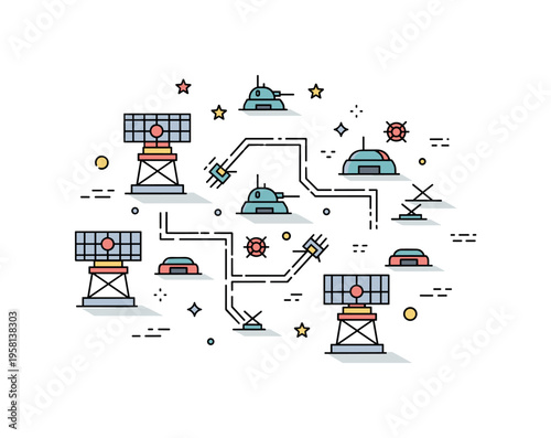 Strategic base defense layout top view of a military base with radar towers, small bunkers, and perimeter defense lines forming a compact protective layout.