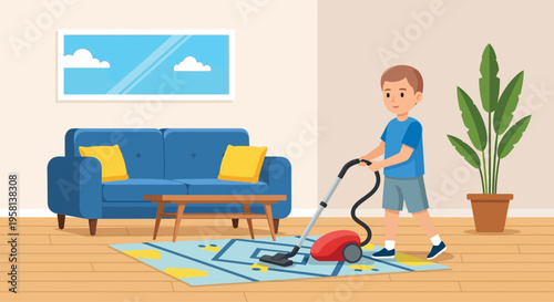 Woman using vacuum cleaner in living room.