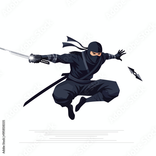 A ninja in mid-air, sword drawn, shuriken flying, ready for combat