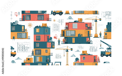 stackable housing units seamless pattern, modular homes, shipping containers, construction equipment, workers, and design sketches arranged in a repeating