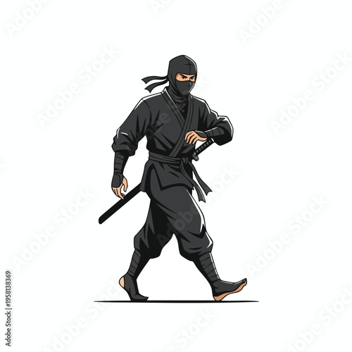 Warrior in black garb, mask, and sword, striding purposefully