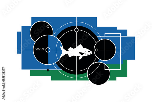 Black and white fish silhouette swimming within bold geometric circles representing protected ecosystems, thin linear grid elements suggesting quotas and